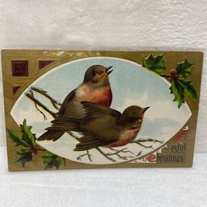 Antique 1908 Christmas‎ Postcard Two Birds In Protective Sleeve No Postmark